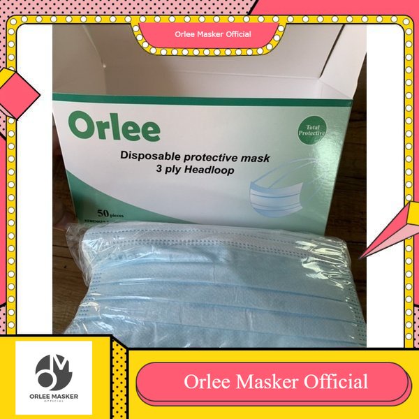 MASKER ORLEE 3ply HEADLOOP BIRU , GROSIR dan eceran  kemenkes 1 box isi 50pcs ORIGINAL