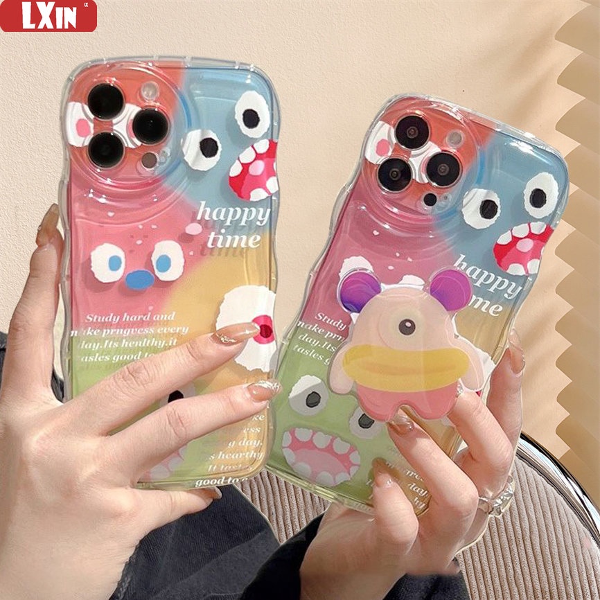 Casing Lucu OPPO A16 A16K A17 A17k A77S A57 A78 A55 A95 A96 A74 A76 A12 A5s A15 A54 A7 A53 A3s A31 A52 A92 F9 F11 Reno 8T 5F Monster Dengan Holder 3D Wavy Curved Edge Case
