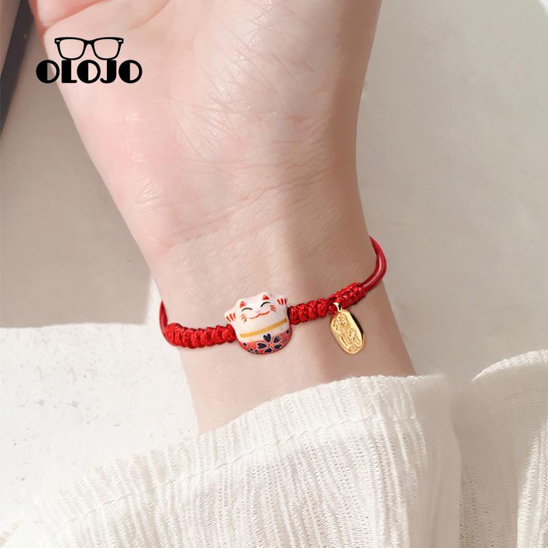 [Olojogrosirtenunan Tangan Benang Lilin Keramik Fortune Cat Gelang Desain Sense Lovers Bracelet