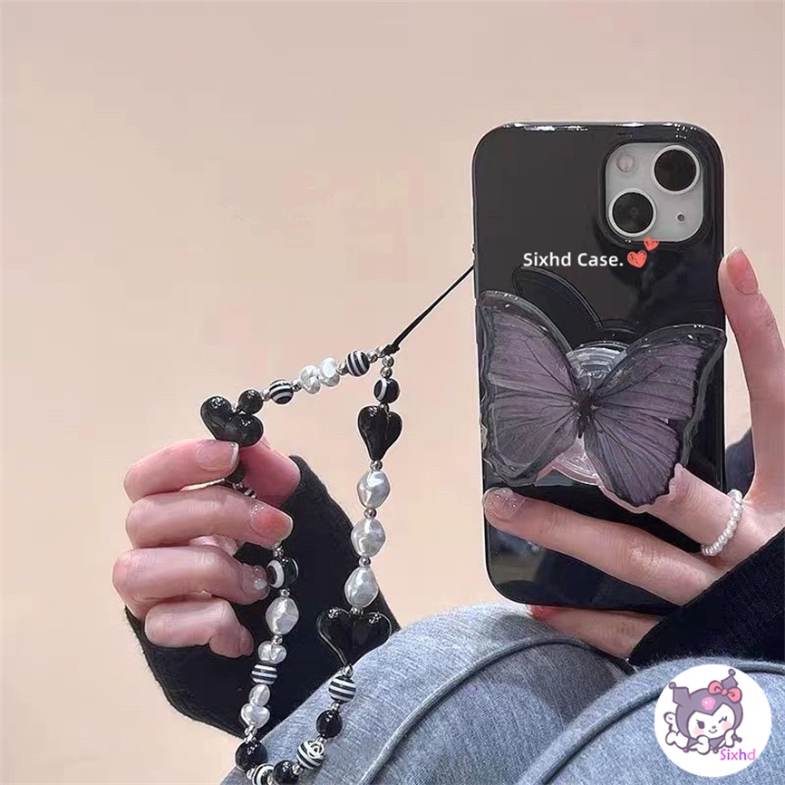 IPHONE Kompatibel Untuk Iphone14 13 12 11 Pro Max SE2020 X Xr Xs Max8 7 Plus Gaya Baru Ins Fashion Hitam Butterfly Phone Case +Lanyard +Bracket Lembut Anti Jatuh Pelindung TPU Cover