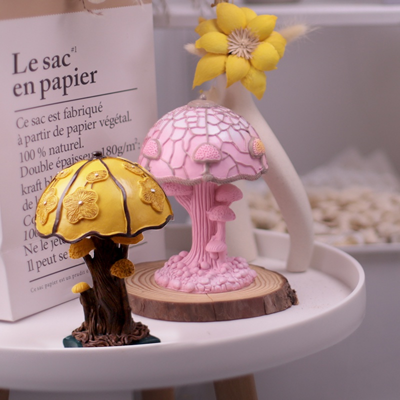 ღ Creative Table Lamp Stained Resin Mushroom Plant Series Colorful Bedroom Decoration Lamp Retro Table Night Lamp Atmosphere Light