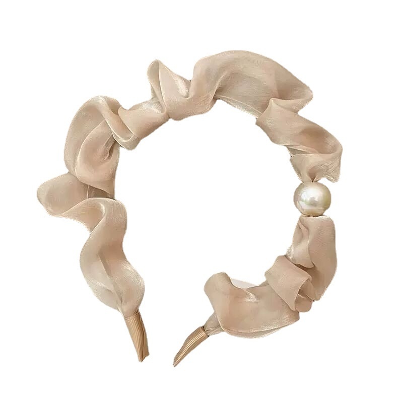 ZBH Bando Mutiara Kerut Bahan Satin Fashion Bando Scrunchie Kerut Korea Headband Ruffle Bandana Murah Import