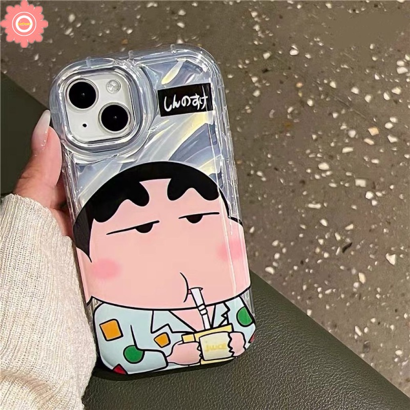 IPHONE Kacamata Hitam Keren Crayon Shin-Chan Casing Kartu Laser Mewah Kompatibel Untuk Iphone11 13 14 12 Pro MAX 7Plus XR 8 6 6S Plus X XS MAX SE 2020 Dazzle Color 3D Stereo Corrugation Soft Case