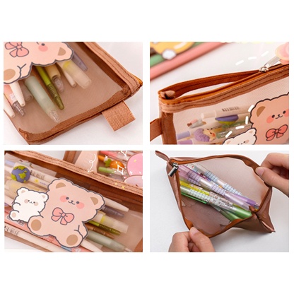 COD - S5776 Tempat Pensil Zipper Coklat Motif / Tempat pensil jaring zipper transparant / Tempat Makeup Model Jaring Transparan