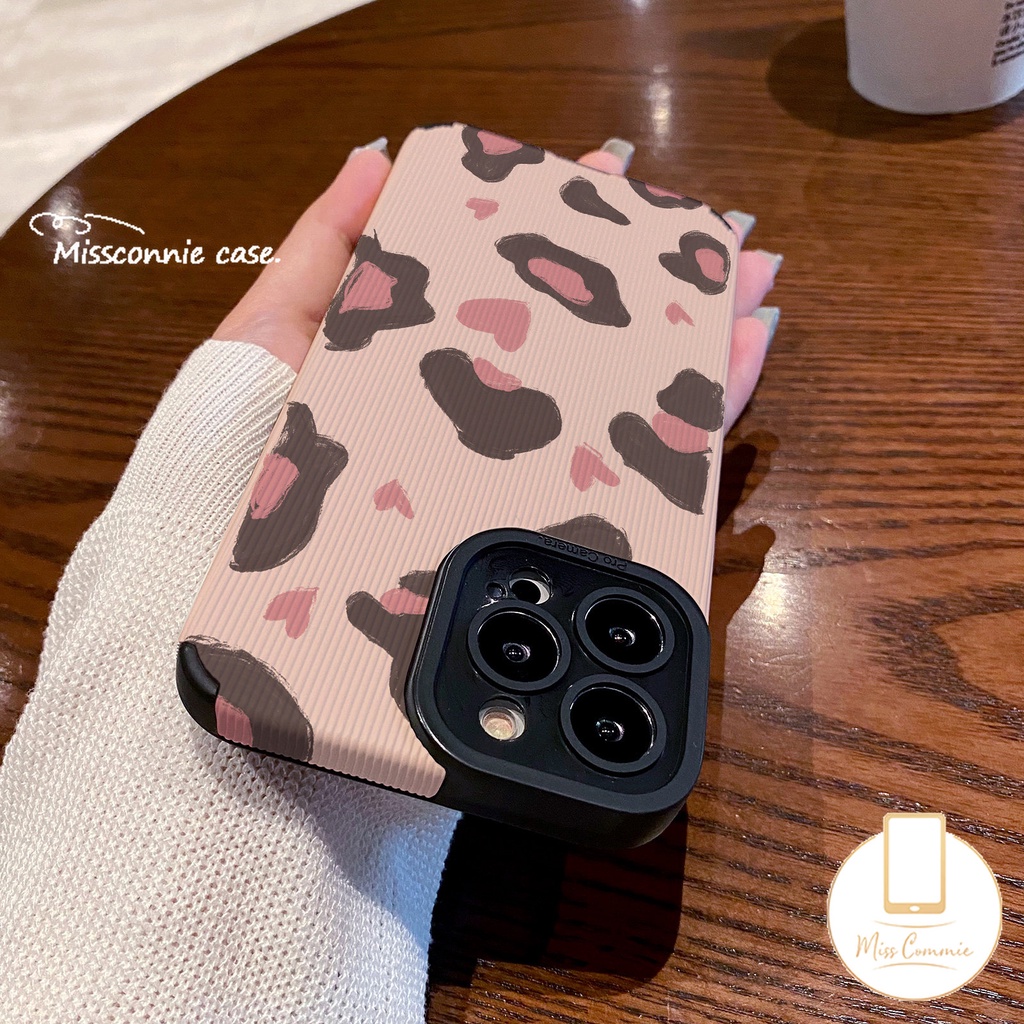 Ins Cinta Hati Shockproof Case Kompatibel Untuk IPhone XR 11 13 12 14 Pro 7Plus Max7 8 Plus X XS MAX Merek Trendi Leopard Jahitan Kontras Penutup Tekstur Kulit