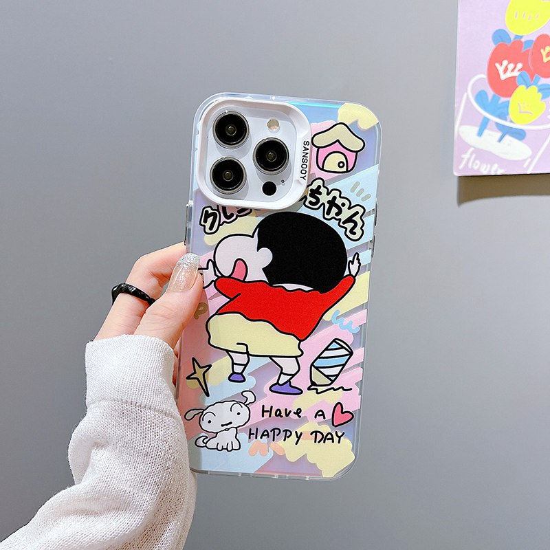 【Laser colorful】 So Cute IMD high quality Crayon Shin-chan Hard Case for IPhone 11 12 13 14 Pro Max Women Girl Lovely Cartoon