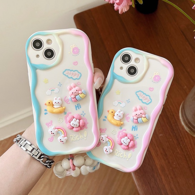 3D Mike White Hand Made Diy Candy Pink Rainbow Rabbit Soft Case iPhone 11 12 13 14 Pro Max New Puff Casing Apple for women girls Gift