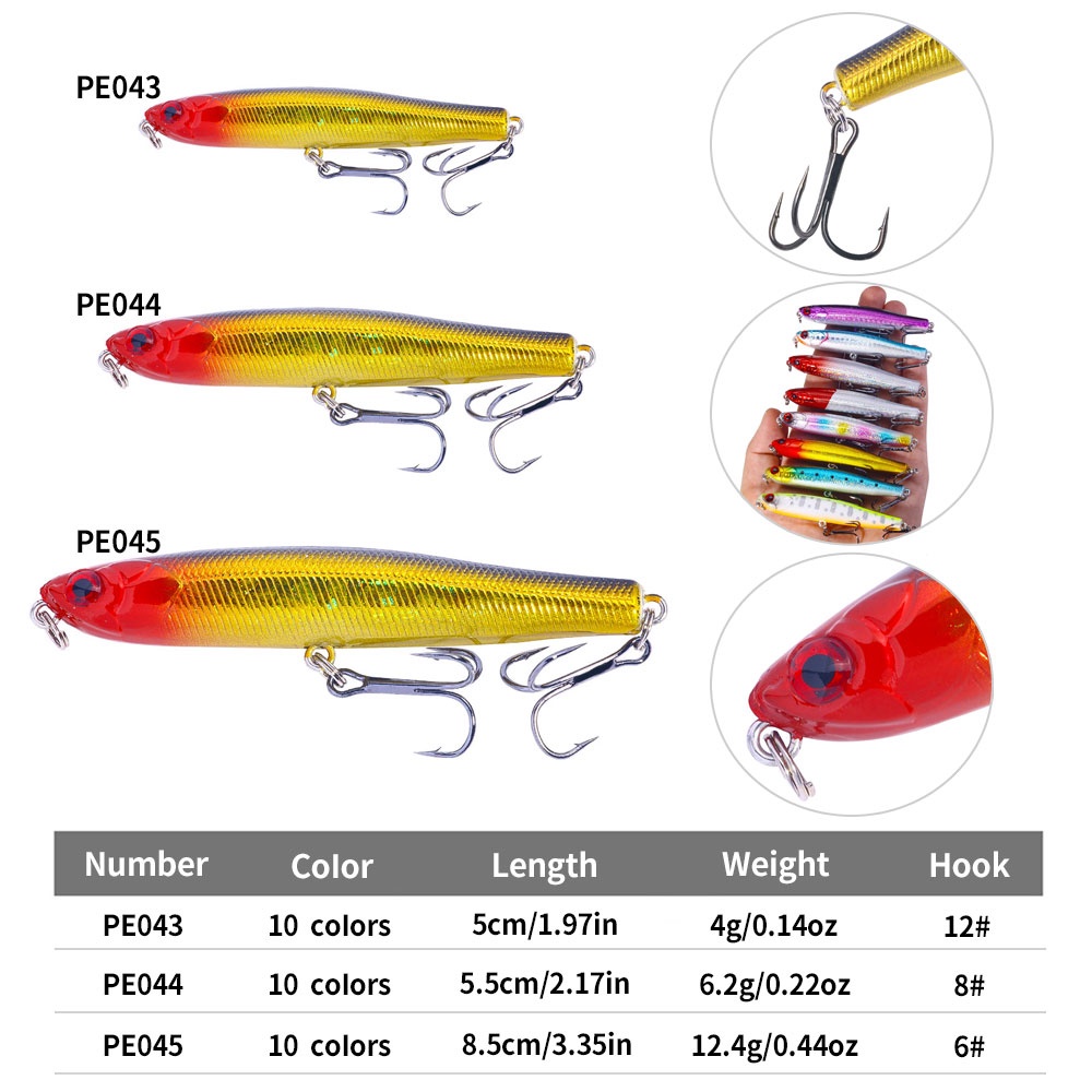 (New)HENGJIA 1pcs Umpan Pensil Lempar Panjang 5cm4g/5.5cm6.2g/8.5cm12.4g Umpan Pengecoran Pensil Tenggelam 10warna Hard Lure Artificial Wobblers Plastic Fishing Tackle Dengan12# Hook Treble