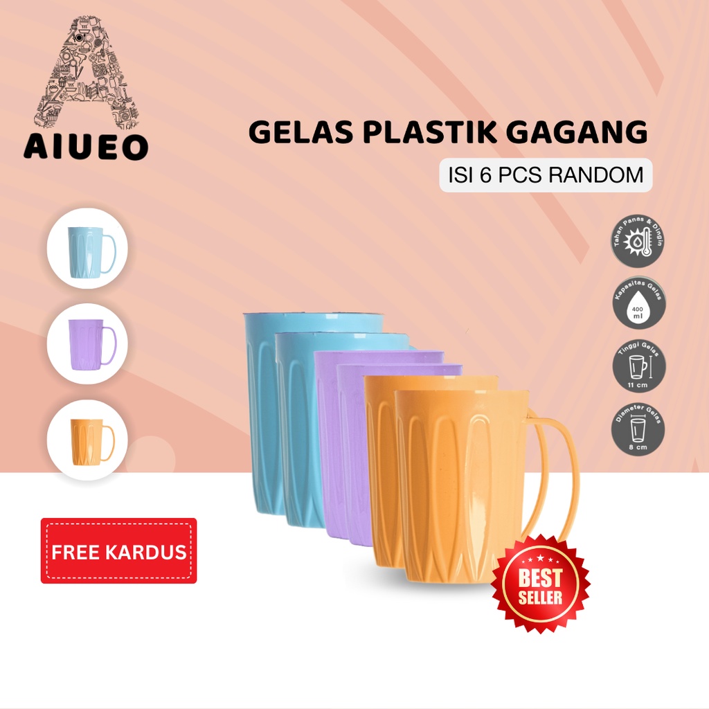 [Gratis Packaging Kardus] Gelas Gagang AIUEO 6pcs 400ml | Gelas Mika Gelas - Gelas Plastik Warna Tahan Panas