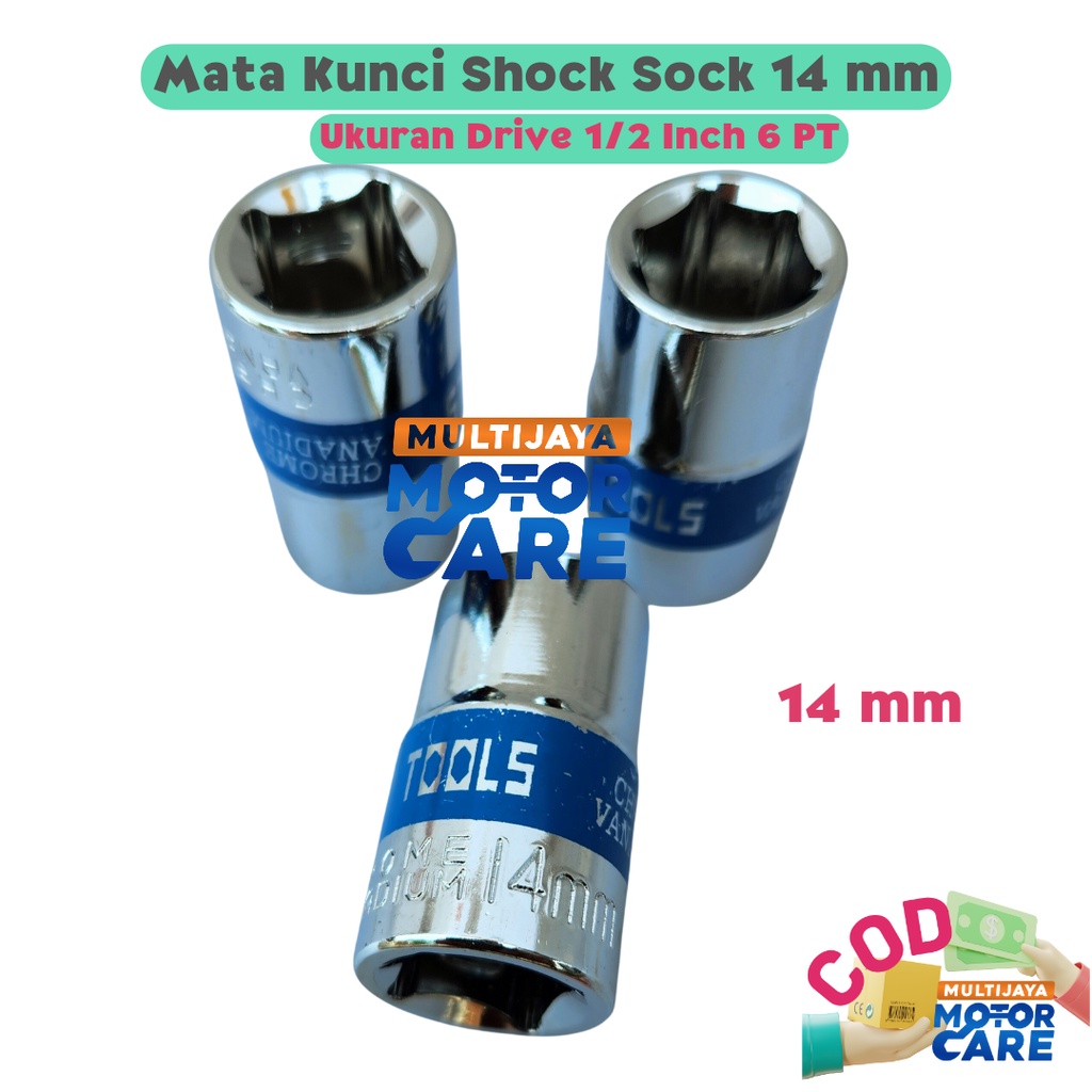 Mata Kunci Shock Sock Sok Ukuran 14 mm Drive 1/2 Inch 6 PT CR-V Chrome Vanadium