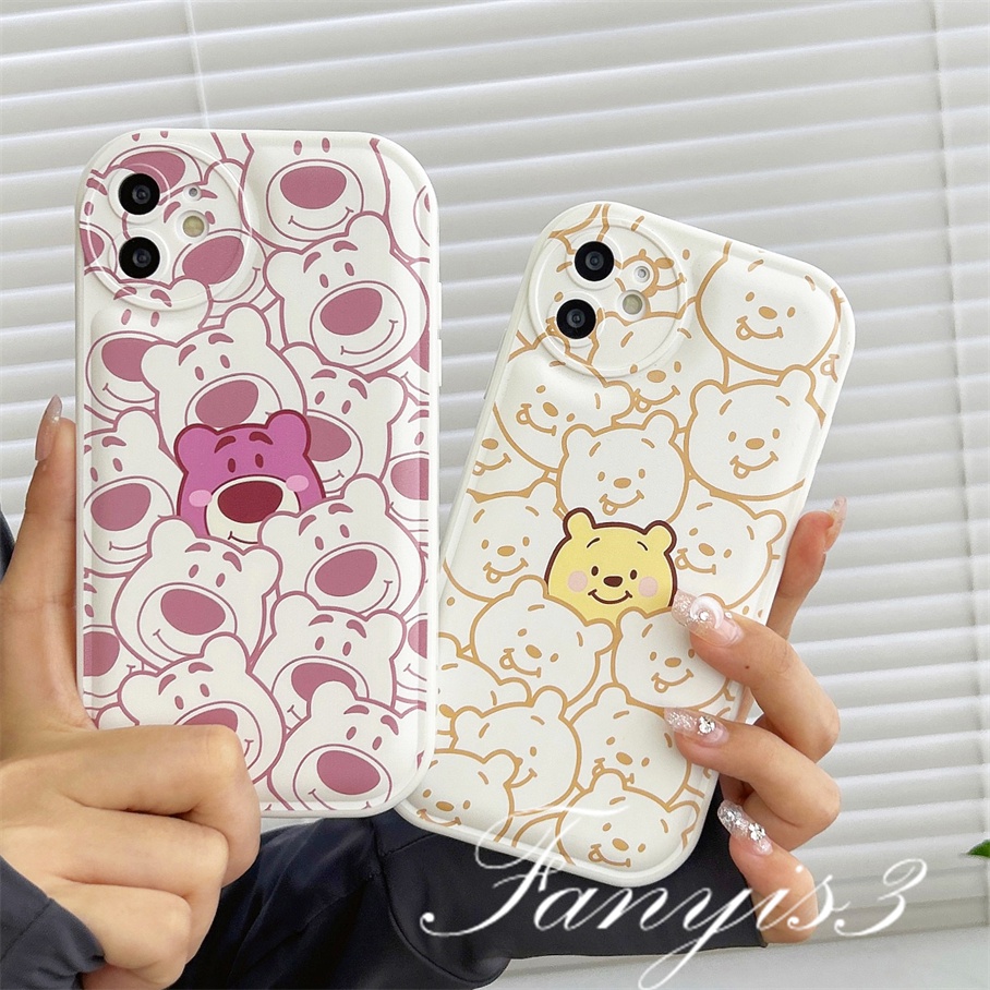 Compatible For iPhone 14 13 12 11 Pro Max X XR Xs Max 8 7 6 6s Plus SE 2020 Kompatibel Untuk Kartun Strawberry Winnie Bear Phone Case TPU Soft Cover Pelindung