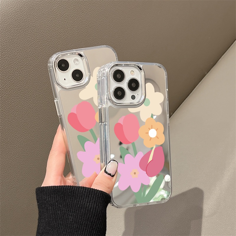 IPHONE Casing Ponsel Cermin Bunga Warna-Warni Kartun Kompatibel Untuk Iphone11 12 13 14 12Pro 13Pro 14Pro Pro Max XR X XS Max Electroplating Tombol Perlindungan Mirror Cover