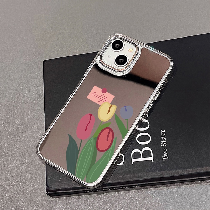 IPHONE Casing Ponsel Cermin Tulip Kartun Bunga Kompatibel Untuk Iphone11 12 13 14 12Pro 13Pro 14Pro Pro Max XR X XS Max Electroplating Tombol Perlindungan Mirror Cover