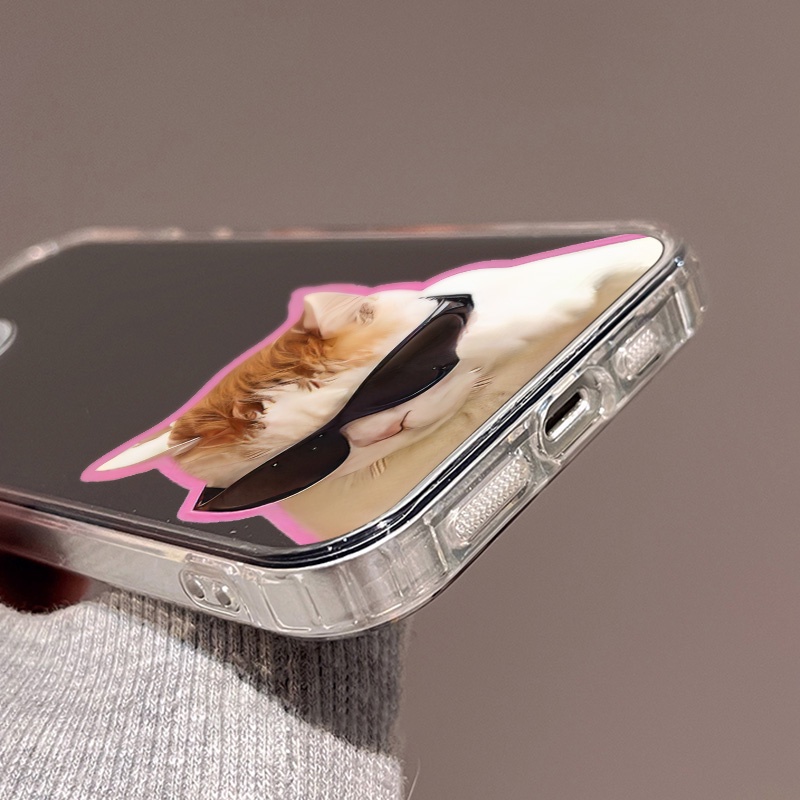 IPHONE Kacamata Hitam Lucu Cat Mirror Phone Case Kompatibel Untuk Iphone11 12 13 14 12Pro 13Pro 14Pro Pro Max XR X XS Max Electroplating Tombol Perlindungan Mirror Cover