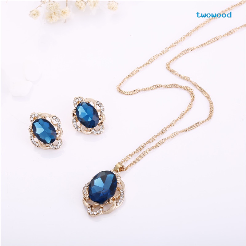 Twowood Kristal Belah Ketupat Kalung Anting Set Kombinasi Anting Liontin Perhiasan Set