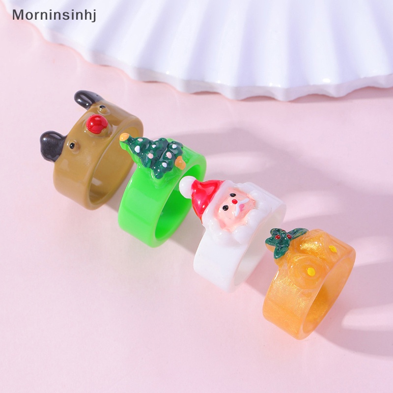 Mornin Santa Elk Snowman Xmas Tree Natal Resin Cincin Lucu Kartun Geometris Bulat Cincin Xmas Perhiasan Hadiah id