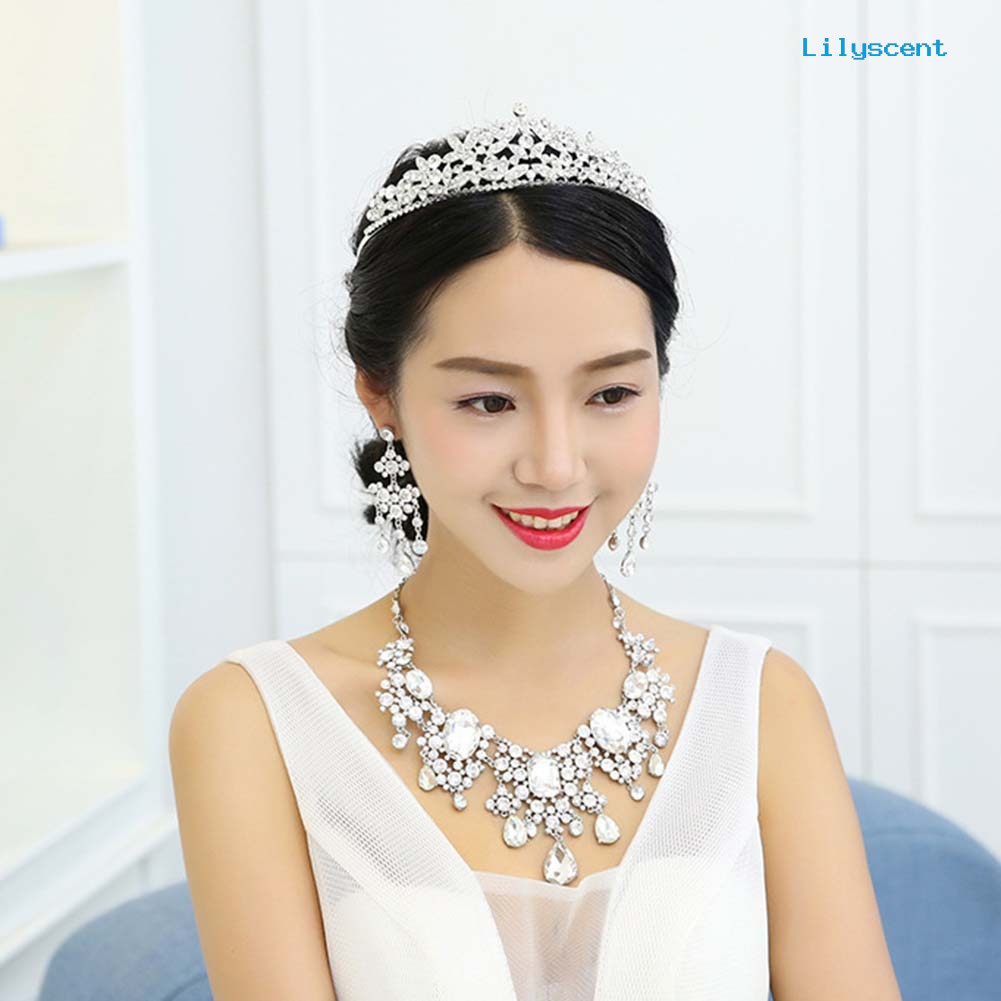 [LS]2Pcs/Set Shiny Full Rhinestone Tassel Bridal Statement Bib Kalung Anting