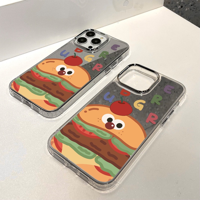 IPHONE Casing Ponsel Cermin Motif Hamburger Kompatibel Untuk Iphone11 12 13 14 12Pro 13Pro 14Pro Pro Max XR X XS Max Electroplating Tombol Perlindungan Mirror Cover