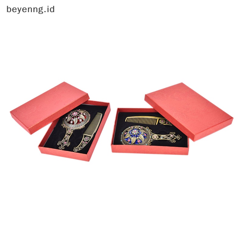 Beyen 2PCS Bronze Cermin Genggam Berongga Kosmetik Compact Mirror Comb Set Gift Box ID