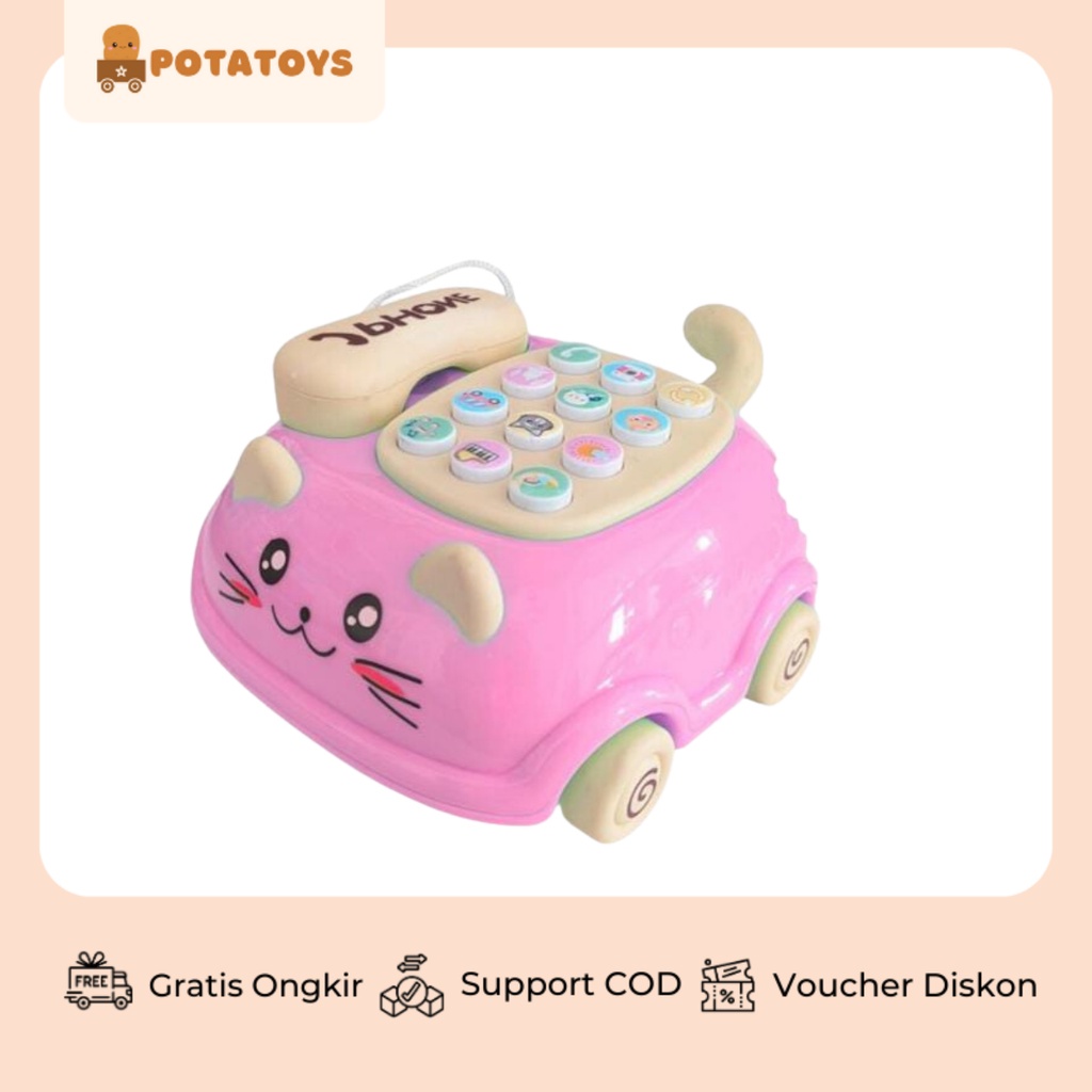[ Potatoys ] Telephone Cute Car / Mainan Edukasi Anak Telephone Music Car / Handphone Music Berbentuk Kucing
