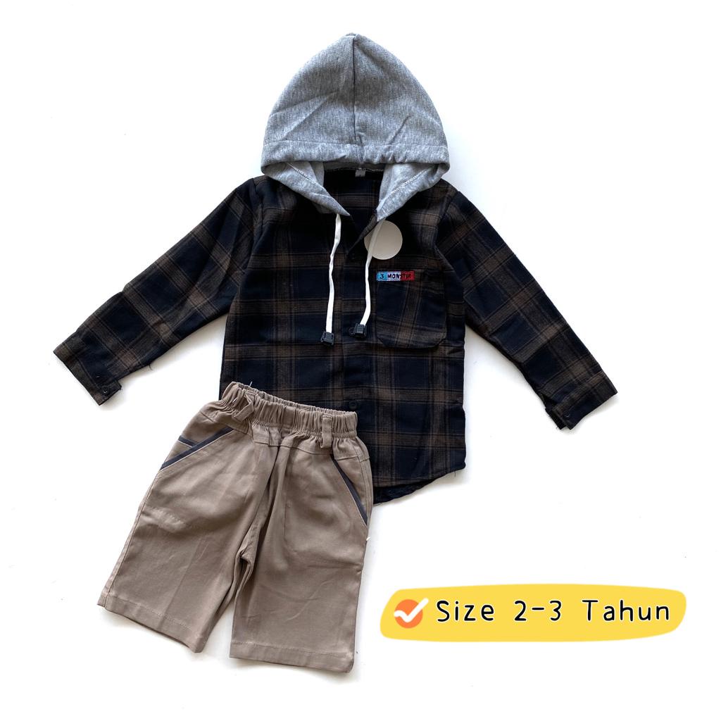 Setelan Hoodie Flanel Anak Celana Pendek Chinos Katun Laki Laki Cowok 2-4 Tahun