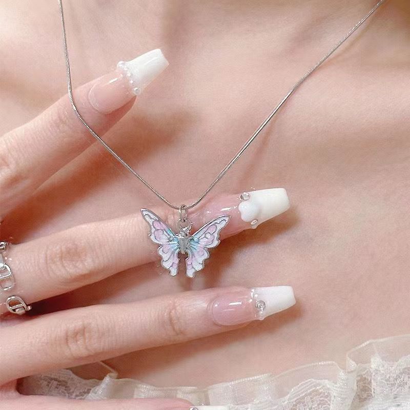 Xiaohongshu Gaya Yang Sama Drip Glaze Butterfly Kalung Perempuan Segar Manis Lembut Temperamen ins Niche Desain Rantai Klavikula