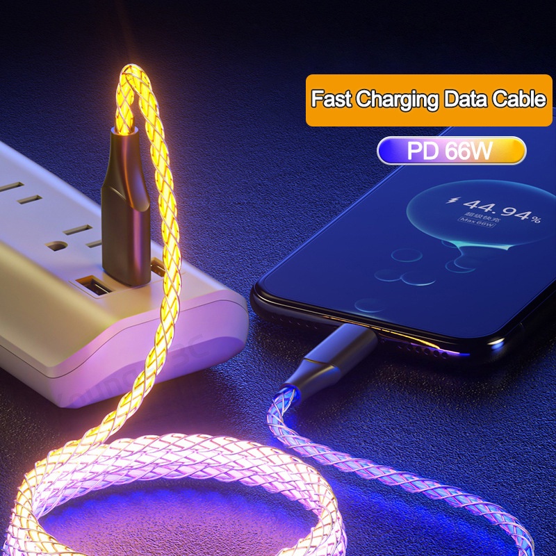 66w 6A Lampu RGB Pengisian Cepat Kabel Pernafasan Cahaya USB Tipe C Kabel Telepon Aksesoris Mobil Charge Kabel Untuk ios Typc C Micro