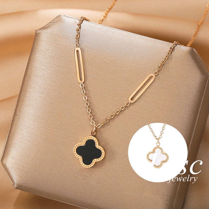 Kalung Titanium Bunga Clover Hitam Aesthetic Cantik Korea Emas 18K Anti Karat Aksesoris Wanita Perhiasan