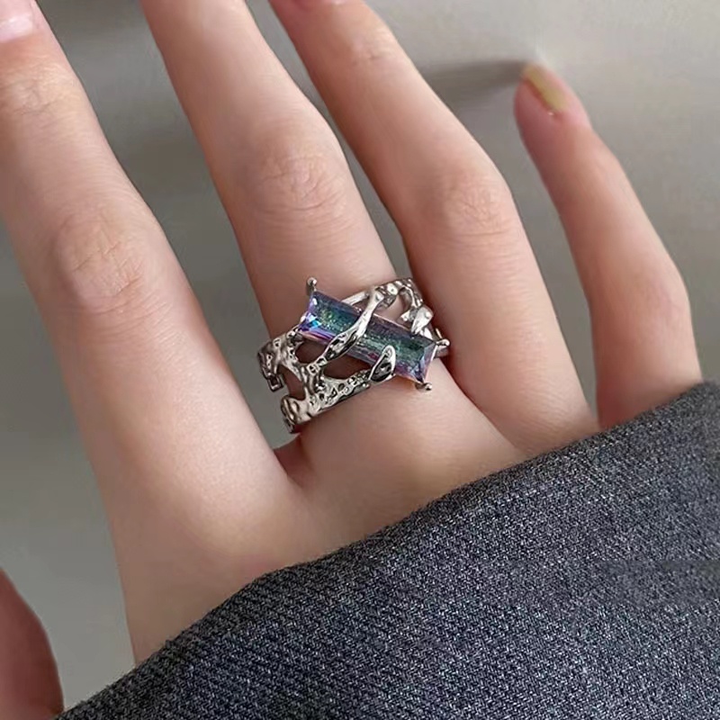 Neo-go cincin kristal berduri berongga / cincin persegi panjang permata ungu Y2K / cincin jari Hip-Hop Punk Unisex / Vintage cincin pembukaan warna perak / wanita pria Fashion perhiasan