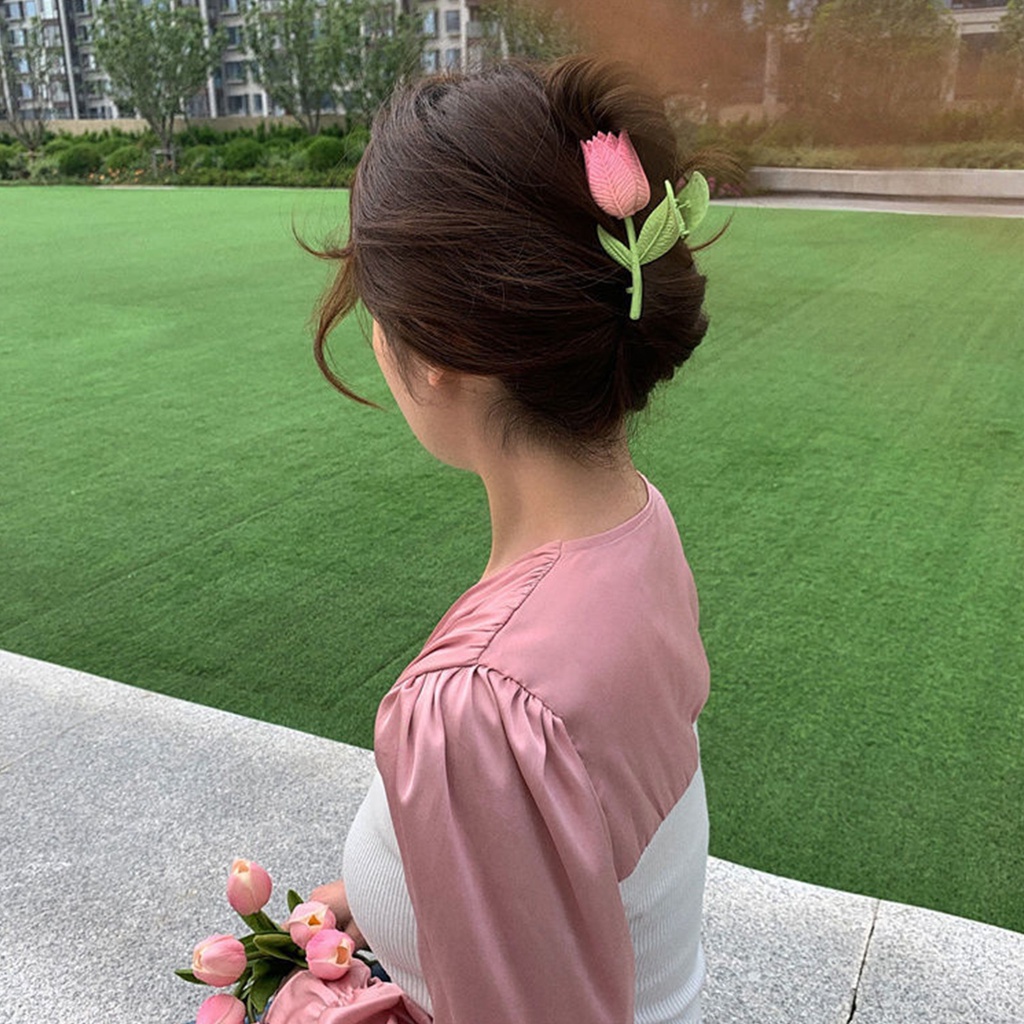 Tulip Hair Claw Summer Hair Catch Flower Shark Clip Hiasan Kepala Vintage Klip Rambut Trendi Manis Aksesoris Rambut