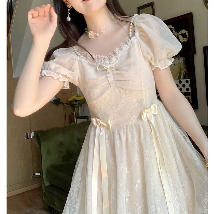Midi Dress Wanita Prancis Yang Manis Puff Lengan Pendek Renda Dress
