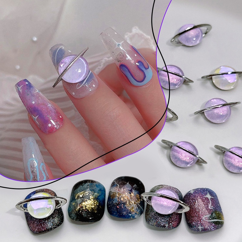 10pcs/bag Saturn Planet Pesona Kuku Putaran Shiny Berlian Imitasi Nail Art Manicure Dekorasi Aksesoris