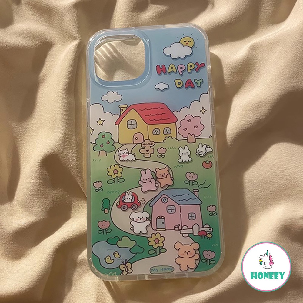 Cute Bear Bunny Graffiti Phone Case Kompatibel Untuk iPhone 14 Pro 12 13 Pro Max Case Iphone11 Bahan Akrilik Keras Anti-Drop Cover Pelindung