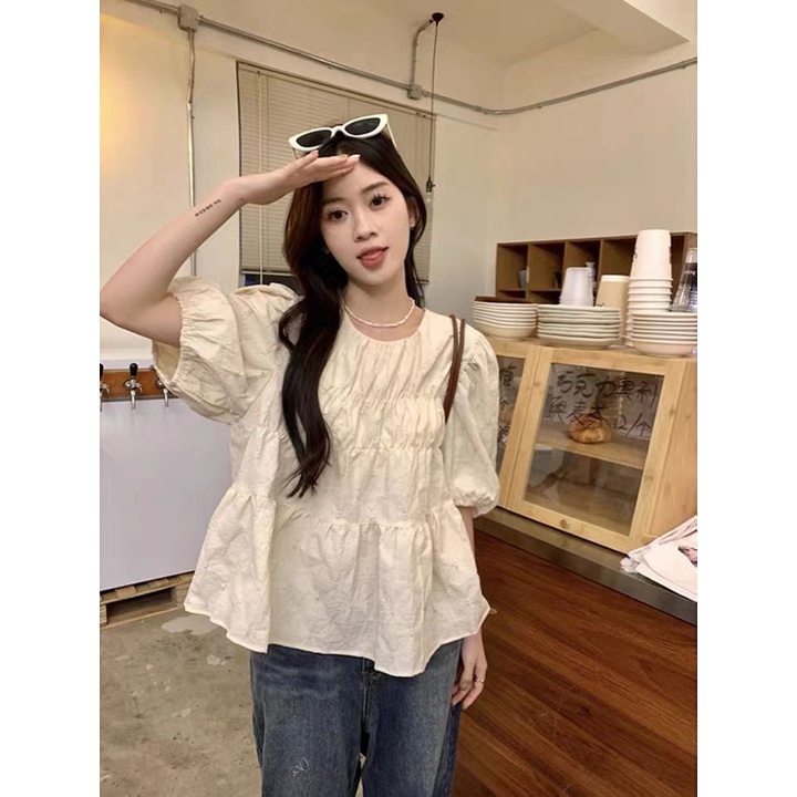 lengan Puff blus Wanita Perancis Top Lengan Pendek Desain Niche   dan  Baru Pendek Kecil