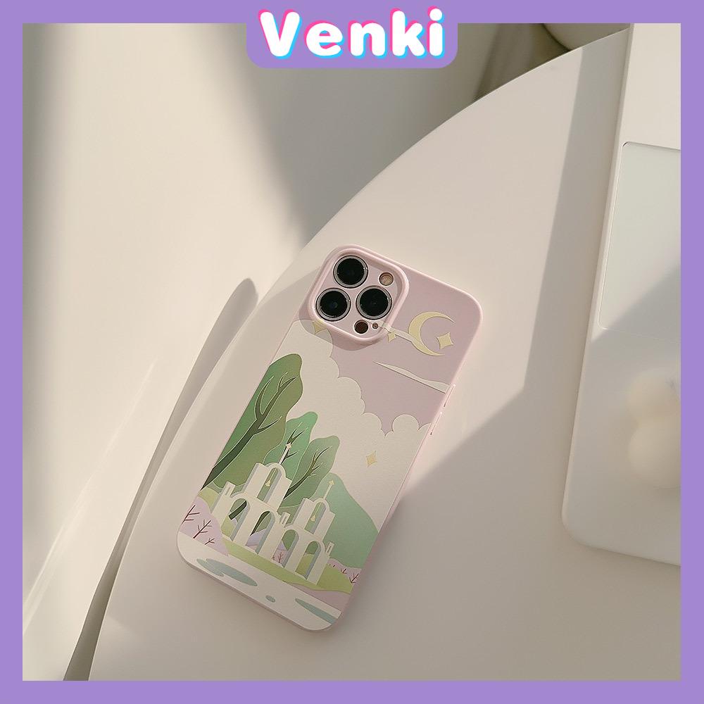 VENKI - Untuk iPhone 11 Case Film TPU Case Cream Glossy Perlindungan Kamera Minimalis Minyak Lukisan Gereja Kompatibel dengan iPhone 14 13 Pro Max iPhone 12 Pro Max XR XS 7Plus 8Plus