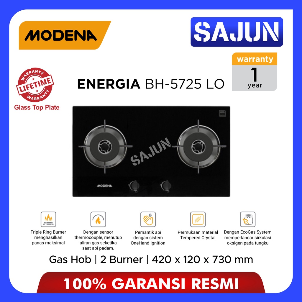 Modena - Kompor Gas Tanam 70cm 2 Tungku BH5725-LO - Built-In Gas Stove 2 Burner Hob BH5725LO / BH 5725 LO