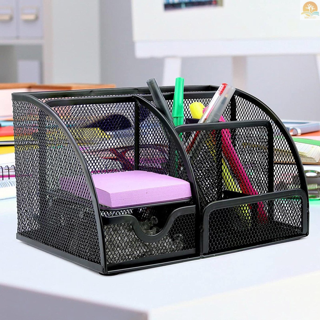 In Stock Meja Kantor 6-Grid Mesh Kotak Penyimpanan Notes Pensil Stand Table Organizer Perlengkapan Kantor