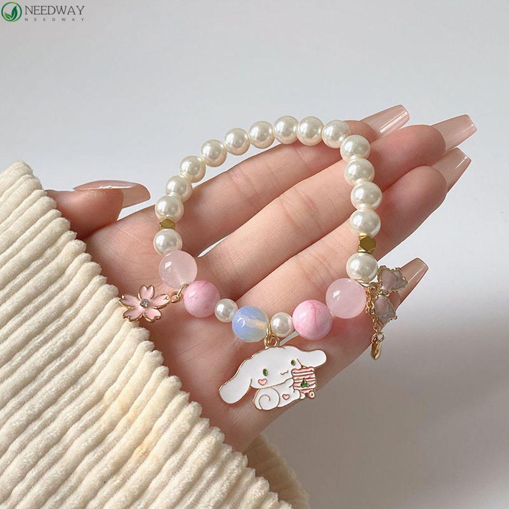 NEEDWAY Gelang Kristal Mutiara Fashion Kawaii Anjing Busur Bunga Liontin Perhiasan Handmade Double-layer Hand String