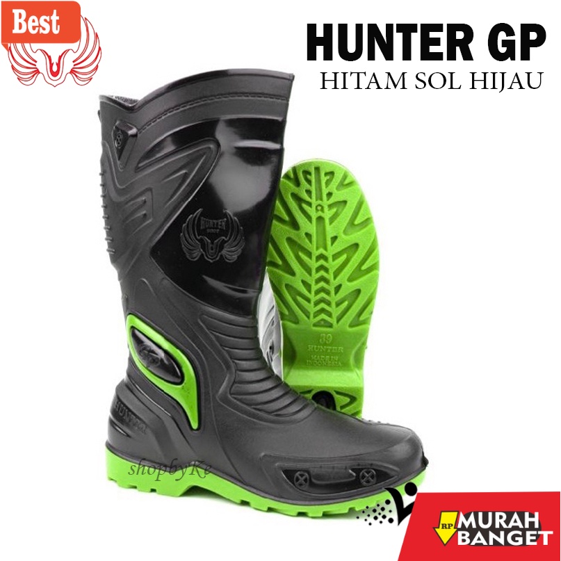 Boot pria terbaru- Sepatu Boots Tinggi HUNTER GP 1 BLACK/GREEN Size 39-44 - Sepatu Boots Pengendara 