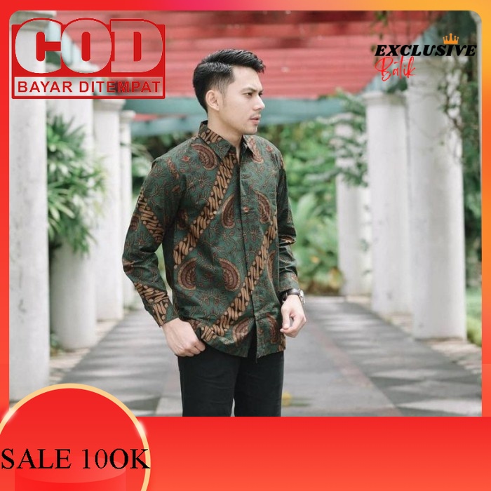 Batik Pria Lengan Panjang Nusantara Baturaden Reguler Fit Hijau Botol