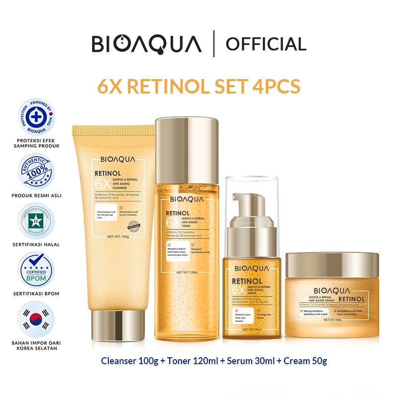 BIOAQUA 6X Gentle-A Retinol Moisturizer Cream Anti Aging Paket Skincare Bioaqua Face Wash Toner Seru