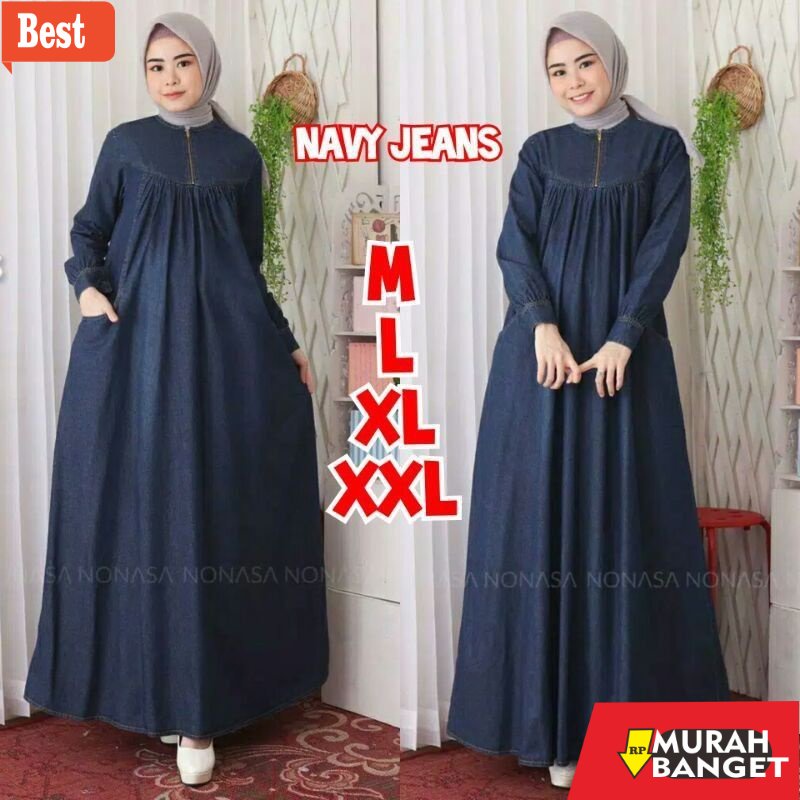 Tren baju lebaran wanita 2023- Ambi Gamis Dress Jeans Terbaru Gamis Levis Jumbo Dress Levis Gamis Je