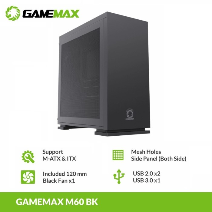 Casing GameMax M60 Black Dual Mesh mATX Gaming PC Case