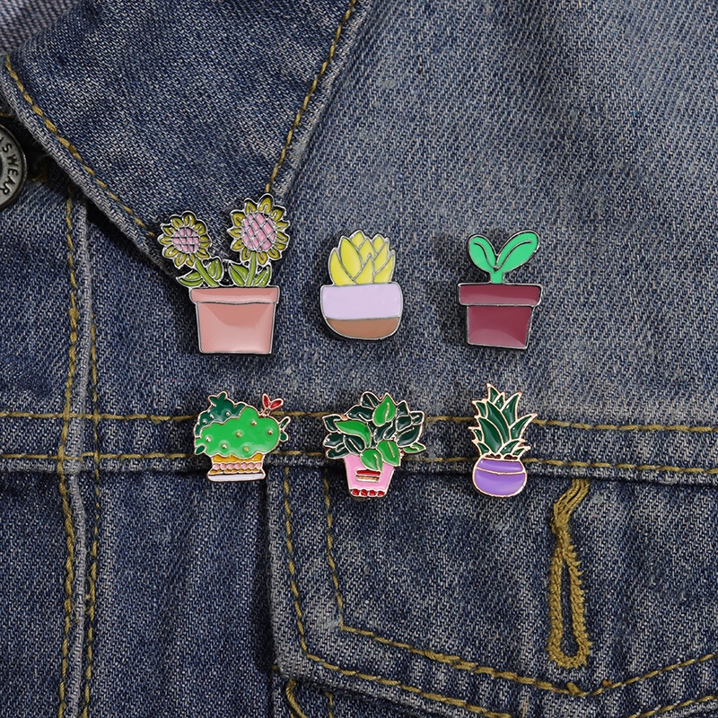 Kaktus Lucu Enamel Pin Kaktus Warna-Warni Pot Bros Lencana Kerah Pin Kartun Tanaman Bros Ransel Perhiasan Hadiah