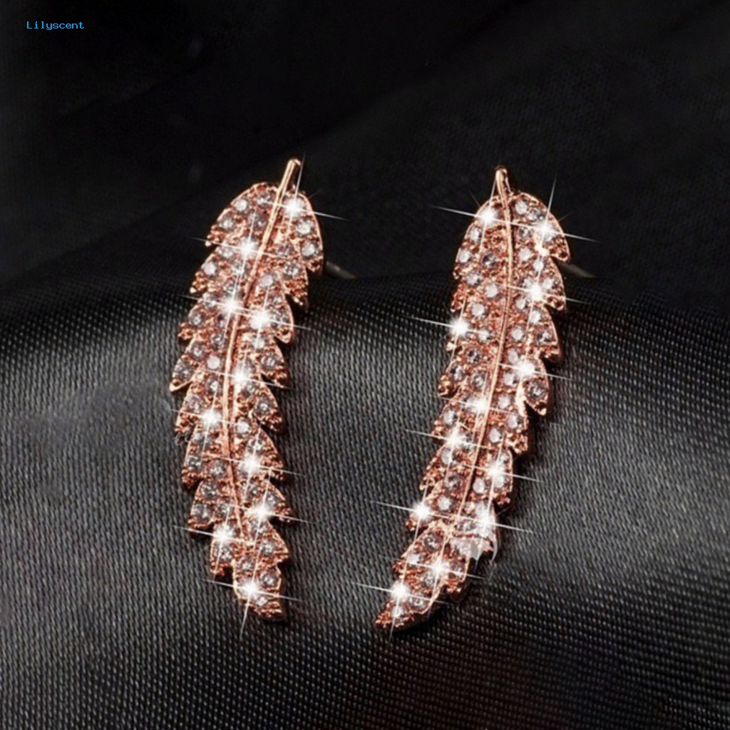 Lilyscent Wanita Fashion Daun Berlian Imitasi Hias Telinga Stud Anting Hadiah Perhiasan Romantis