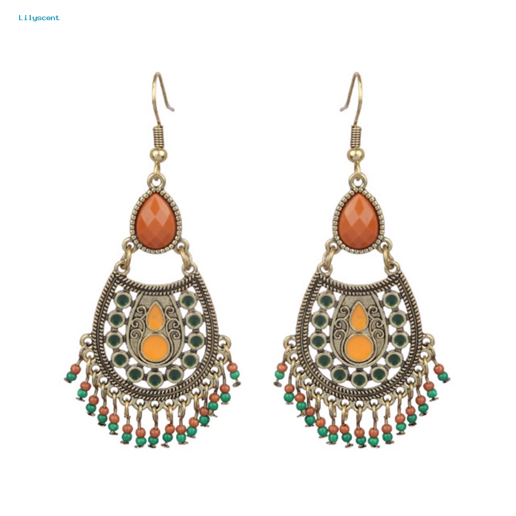 Lilyscent 1pasang Shiny Boho Earrings Perhiasan Pesta Gaya Etnik Rumbai Pesona Anting Bentuk Bunga