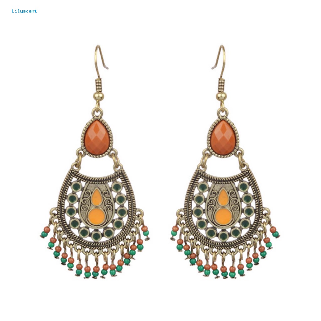 Lilyscent 1pasang Shiny Boho Earrings Perhiasan Pesta Gaya Etnik Rumbai Pesona Anting Bentuk Bunga