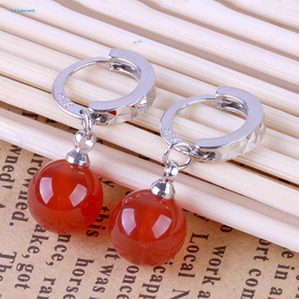 Lilyscent Fashion Wanita Bulat Faux Agate Bead Menjuntai Drop Huggie Earrings Perhiasan Hadiah