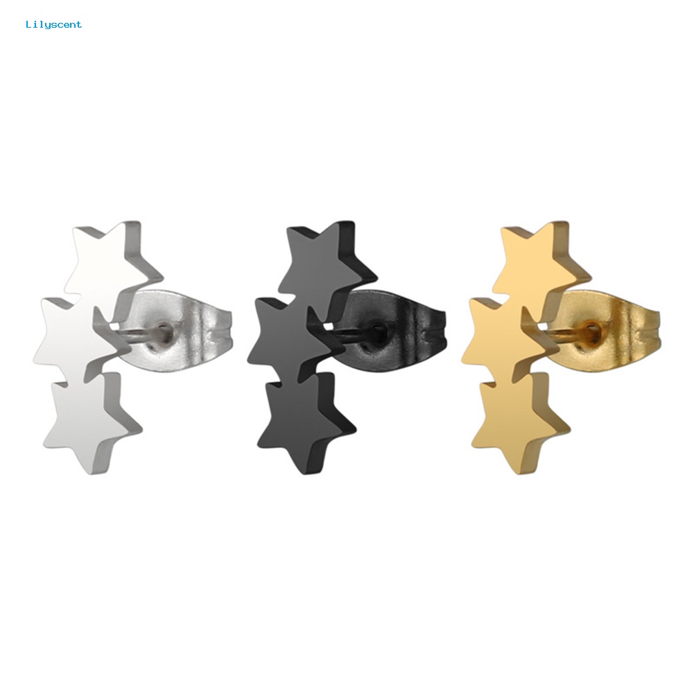 Lilyscent Chic Triple Star Ear Studs Stainless Steel Anting Wanita Tindik Perhiasan Pesona