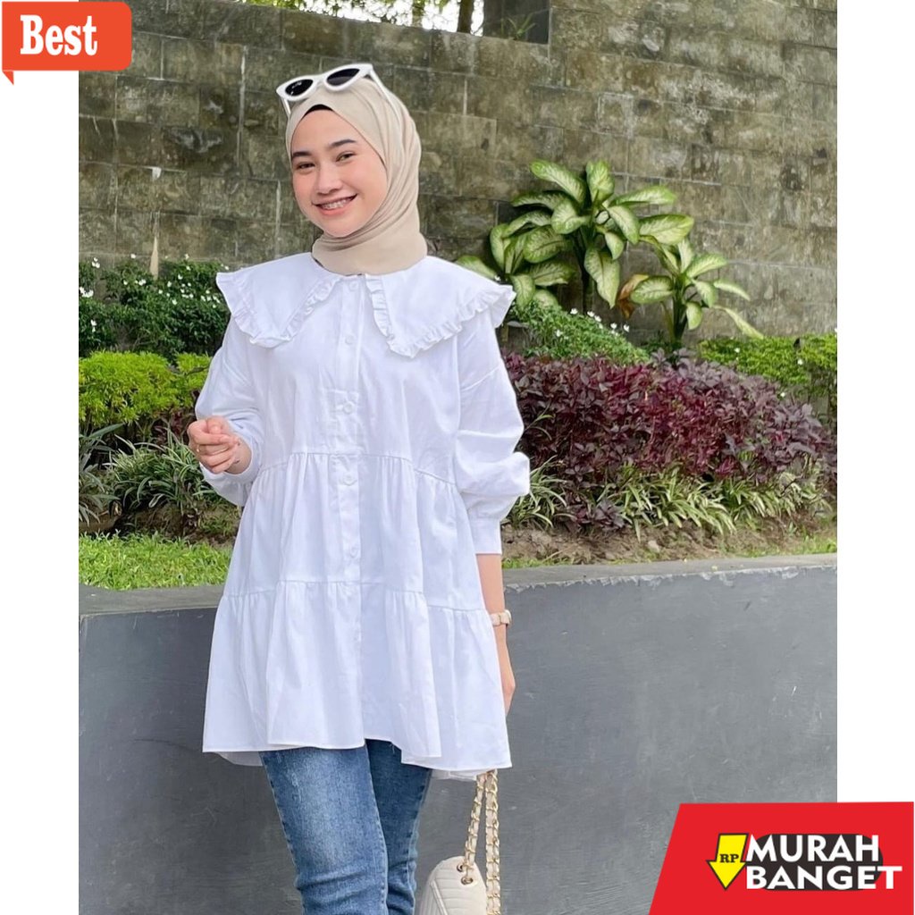 Tunik jumbo terbaru untuk wanita- Grecia Tunik Baju Muslim Wanita Terkini Atasan Putih Kemeja Polos 